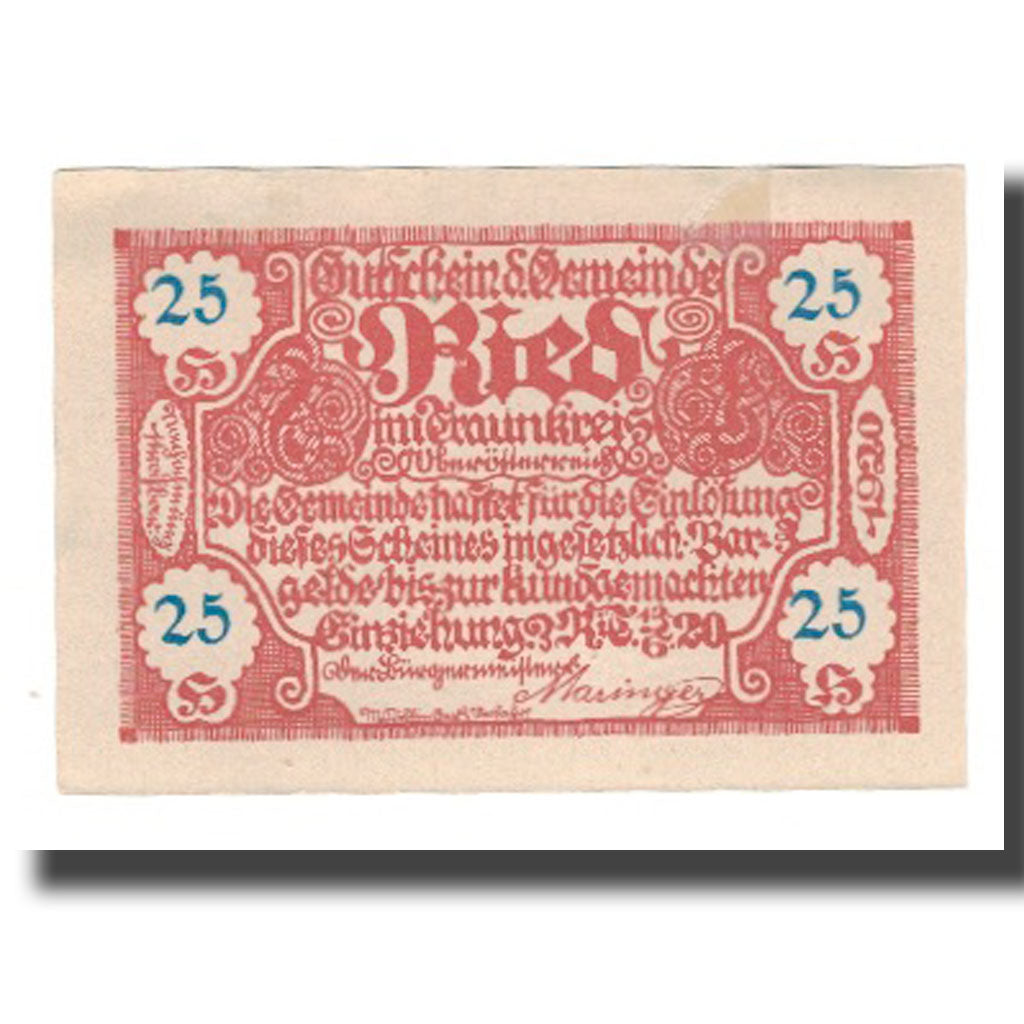 Banknot, Austria, Ried im Traunkreis O.Ö. Gemeinde, 25 Heller, personnage