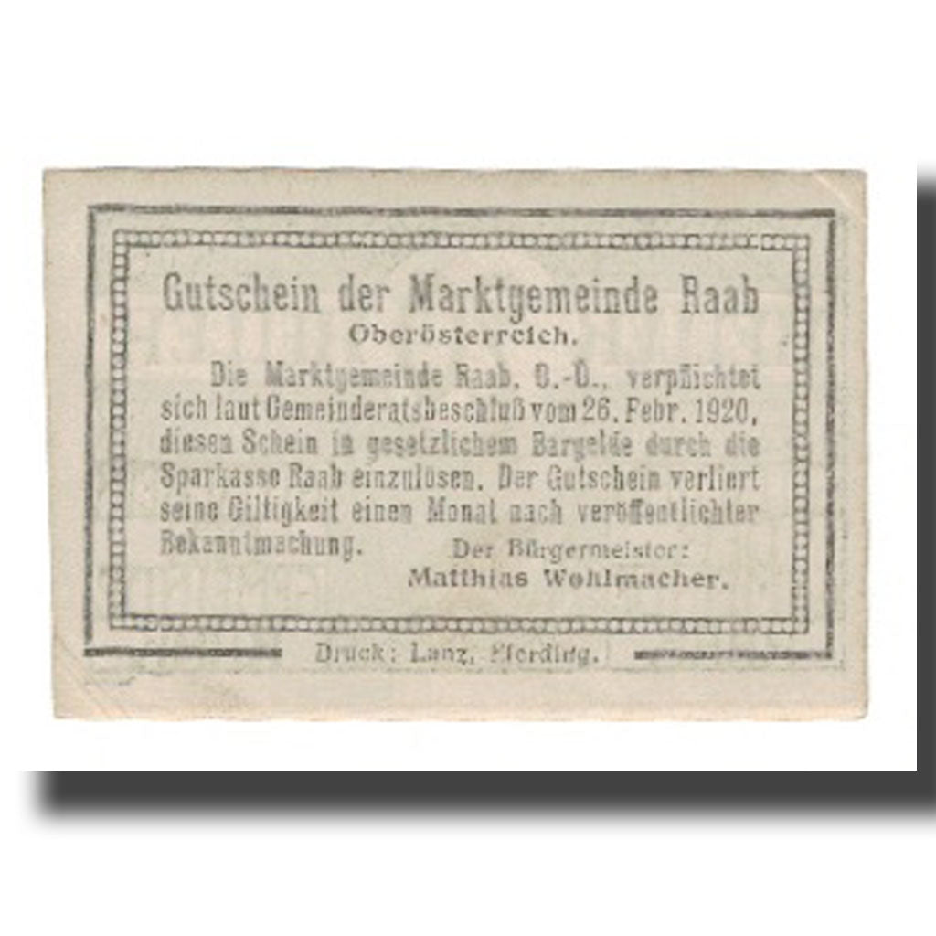 Geldschein, Österreich, Raab O.Ö. Marktgemeinde, 20 Heller, Texte, 1920, VZ