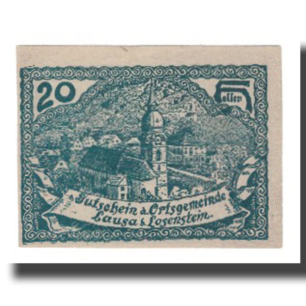 Banknot, Austria, Lausa bei Losenstein O.Ö. Ortsgemeinde, 20 Heller, Texte