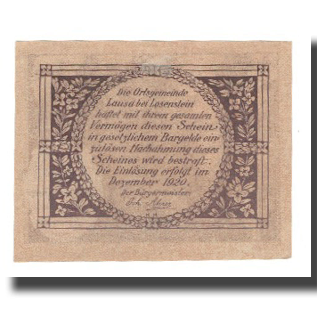 Banknot, Austria, Lausa bei Losenstein O.Ö. Ortsgemeinde, 50 Heller, Texte 3