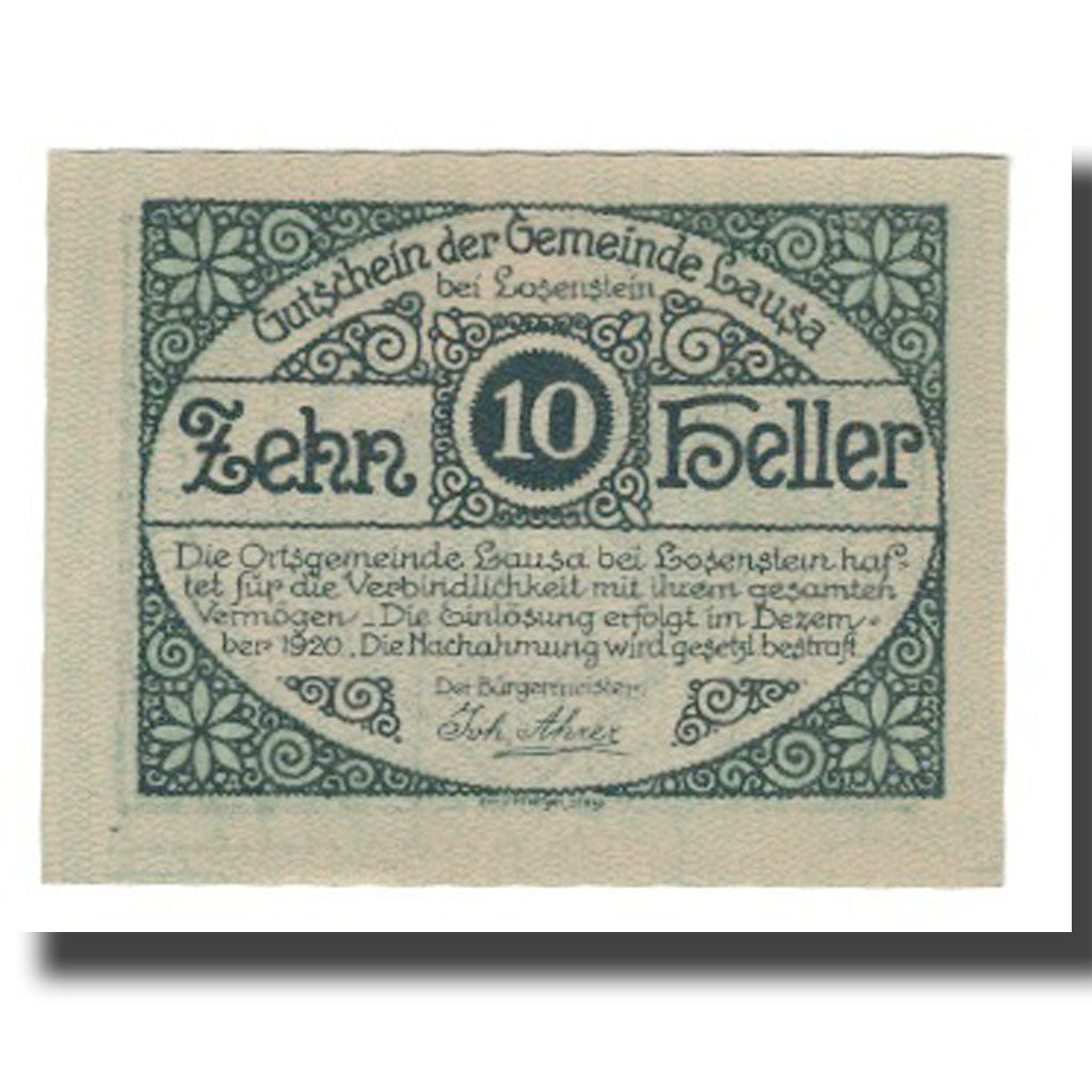 Banconote, Austria, Lausa bei Losenstein O.Ö. Ortsgemeinde, 10 Heller, paysage