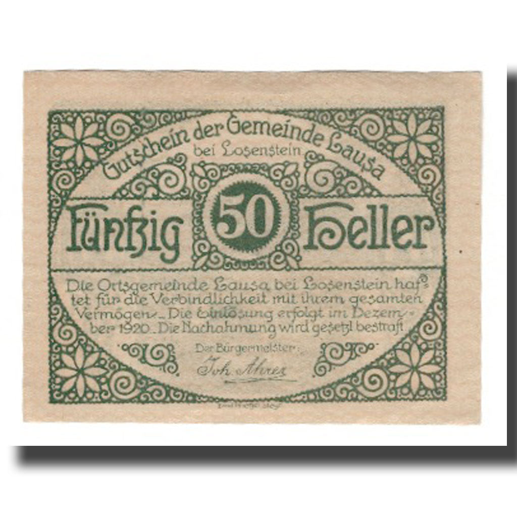 Banknot, Austria, Lausa bei Losenstein O.Ö. Ortsgemeinde, 50 Heller, paysage 1