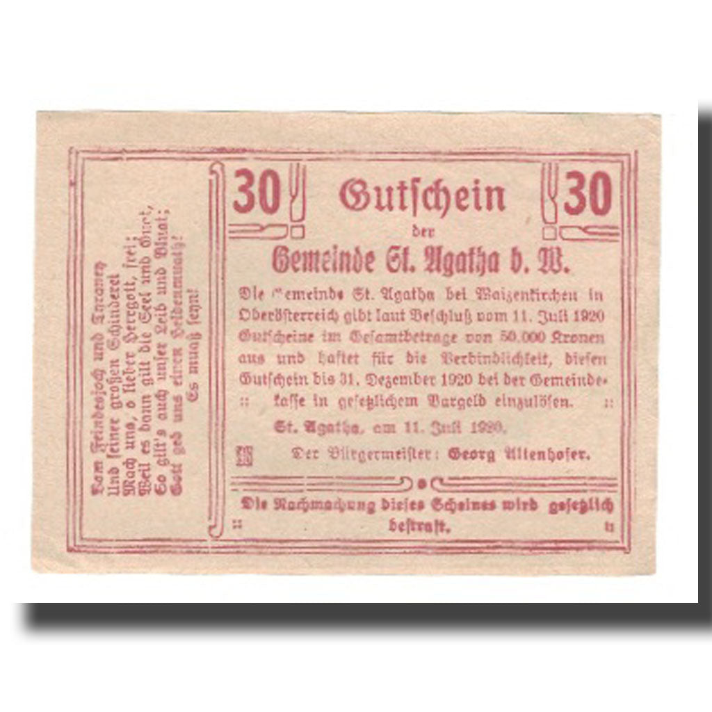 Banknot, Austria, St. Agatha Bei Weizenkirchen O.Ö. Gemeinde, 30 Heller, Texte