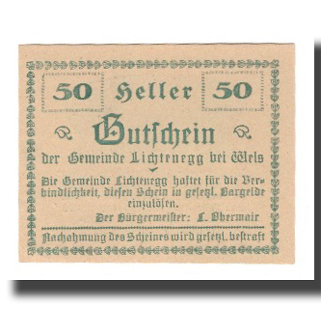 Banknot, Austria, Lichtenegg O.Ö. Gemeinde, 50 Heller, Texte, 1920, 1920-05-08