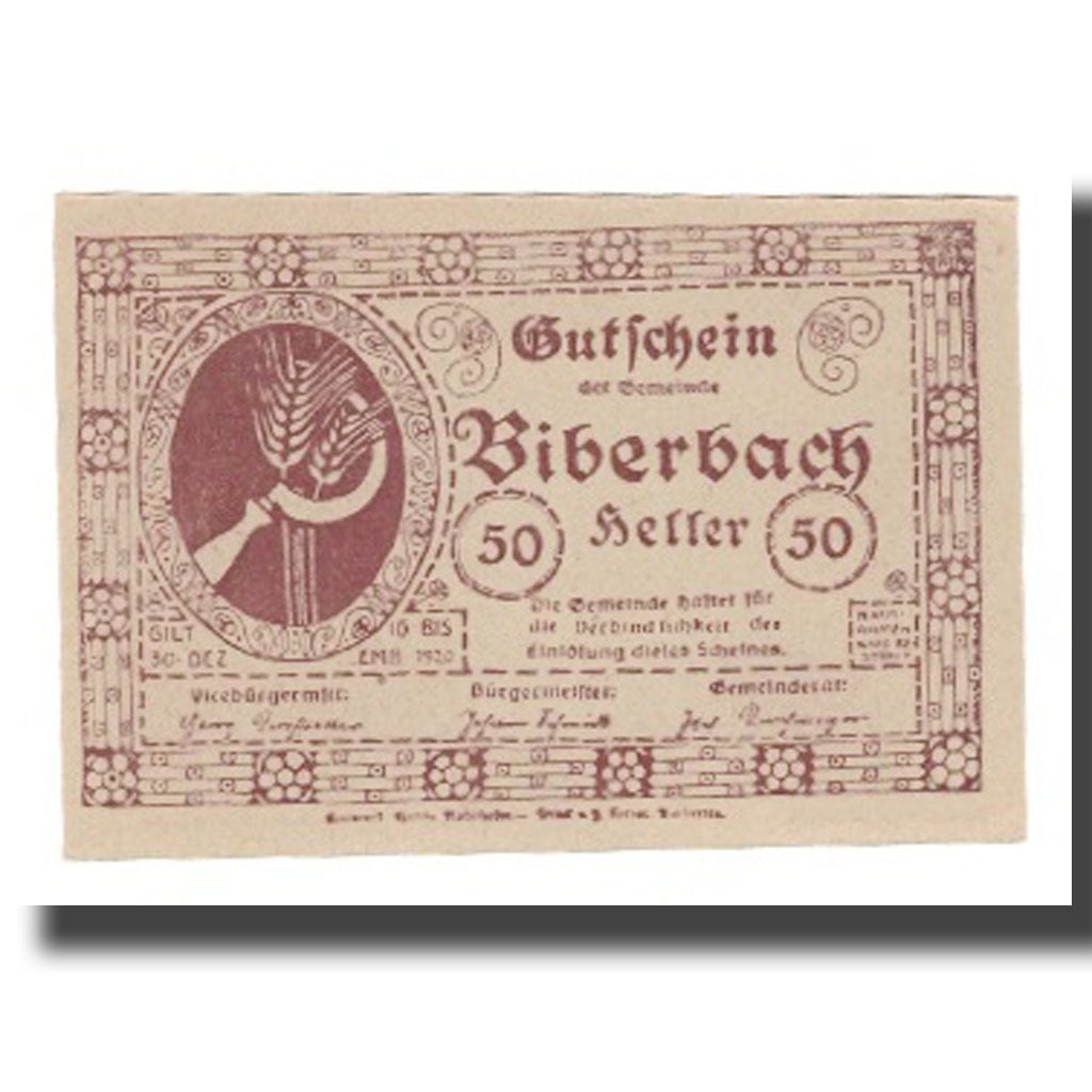 Banknot, Austria, Biberbach N.Ö. Gemeinde, 50 Heller, paysage, 1920