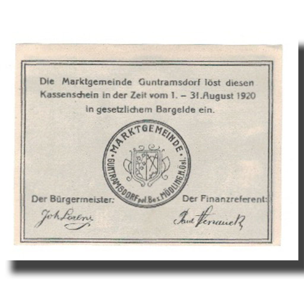 Geldschein, Österreich, Guntramsdorf N.Ö. Marktgemeinde, 30 Heller, Texte