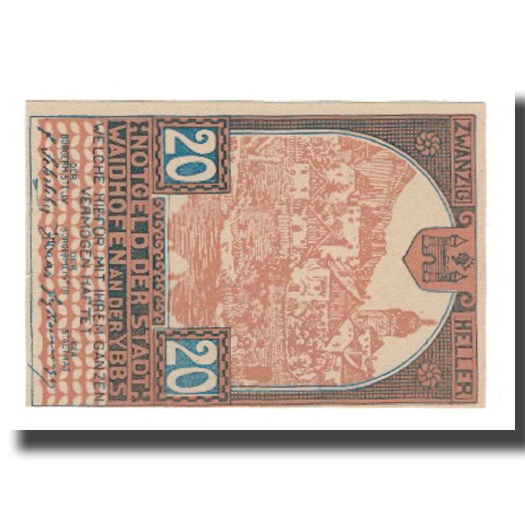 Banknot, Austria, Waidhofen An Der Ybbs N.Ö. Stadtgemeinde, 20 Heller, Texte