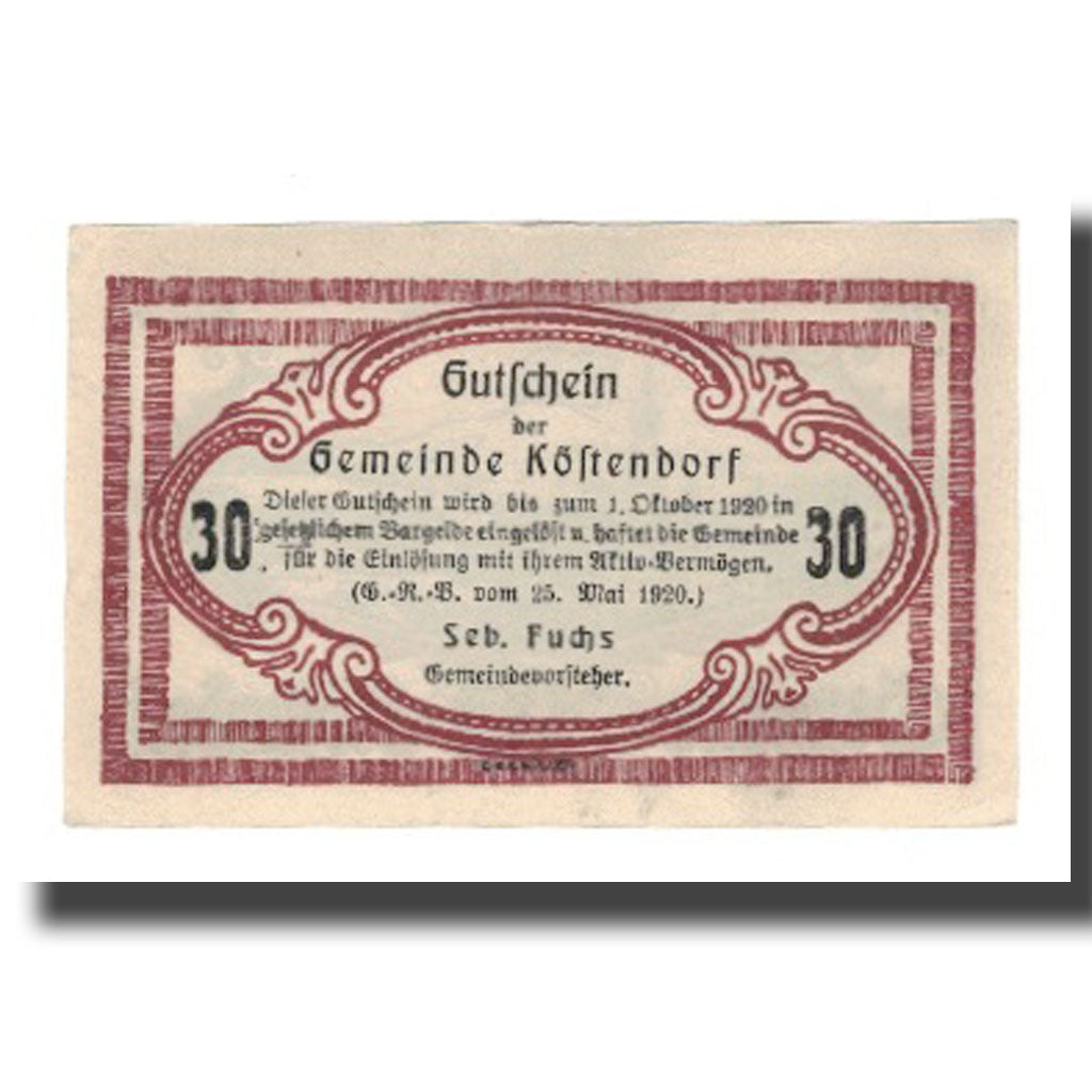 Geldschein, Österreich, Köstendorf Sbg. Gemeinde, 30 Heller, texte 1, 1920