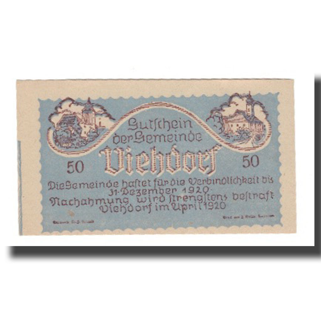 Banknot, Austria, Viehdorf N.Ö. Gemeinde, 50 Heller, vache, 1920, 1920-12-31