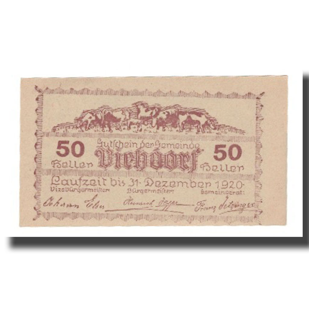 Banknot, Austria, Viehdorf N.Ö. Gemeinde, 50 Heller, vache, 1920, 1920-12-31