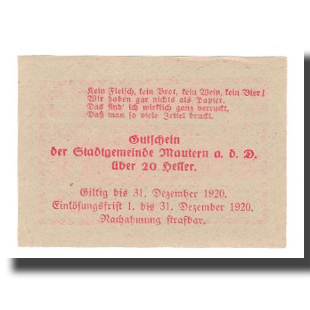 Geldschein, Österreich, Mautern N.Ö. Stadtgemeinde, 20 Heller, Texte, 1920