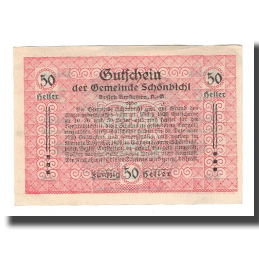 Banconote, Austria, Schönbichl N.Ö. Gemeinde, 50 Heller, Texte, 1920