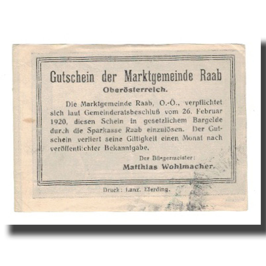 Banknot, Austria, Raab O.Ö. Marktgemeinde, 50 Heller, Texte, 1920, Undated