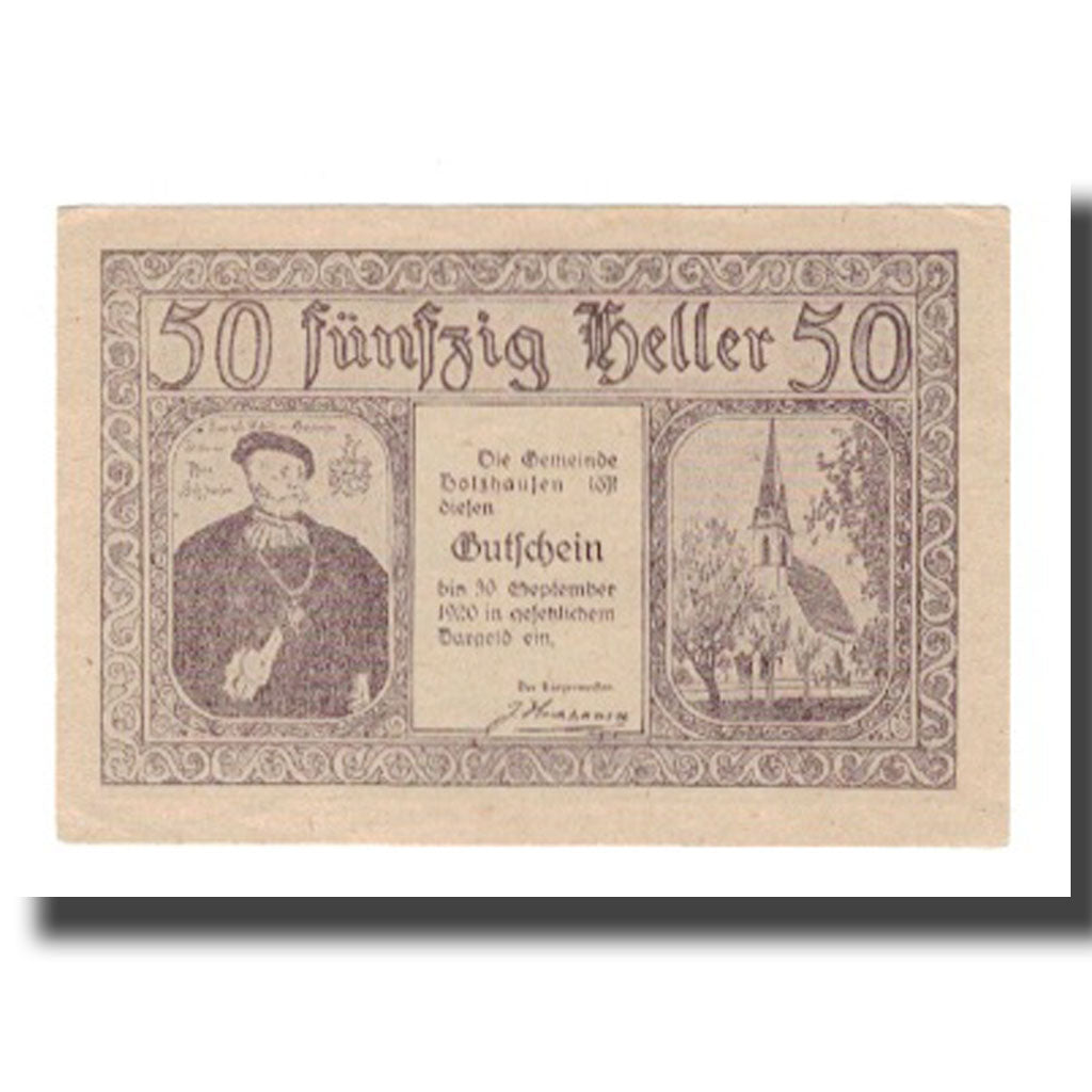 Banknot, Austria, Holzhausen O.Ö. Gemeinde, 50 Heller, Batiment, 1920