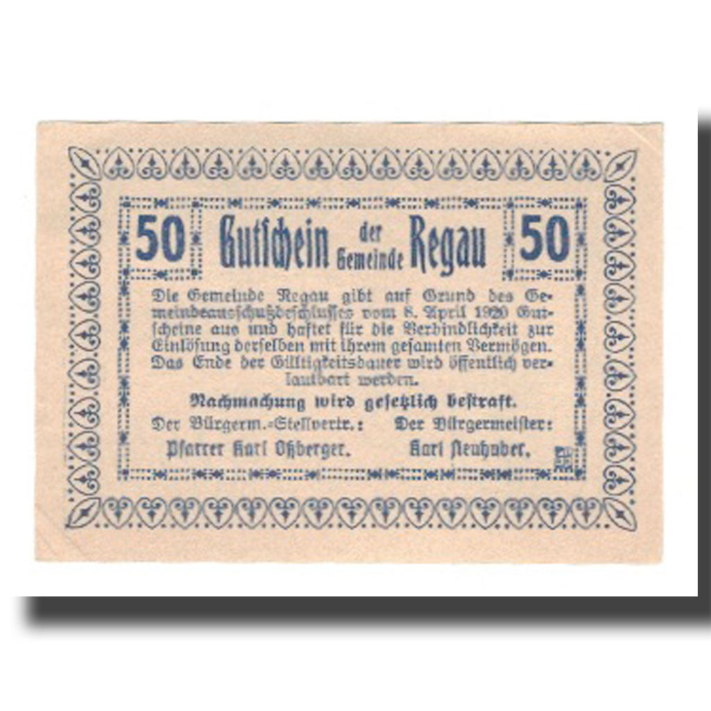 Banconote, Austria, Regau O.Ö. Gemeinde, 50 Heller, Texte, 1920, SPL-, Mehl:FS