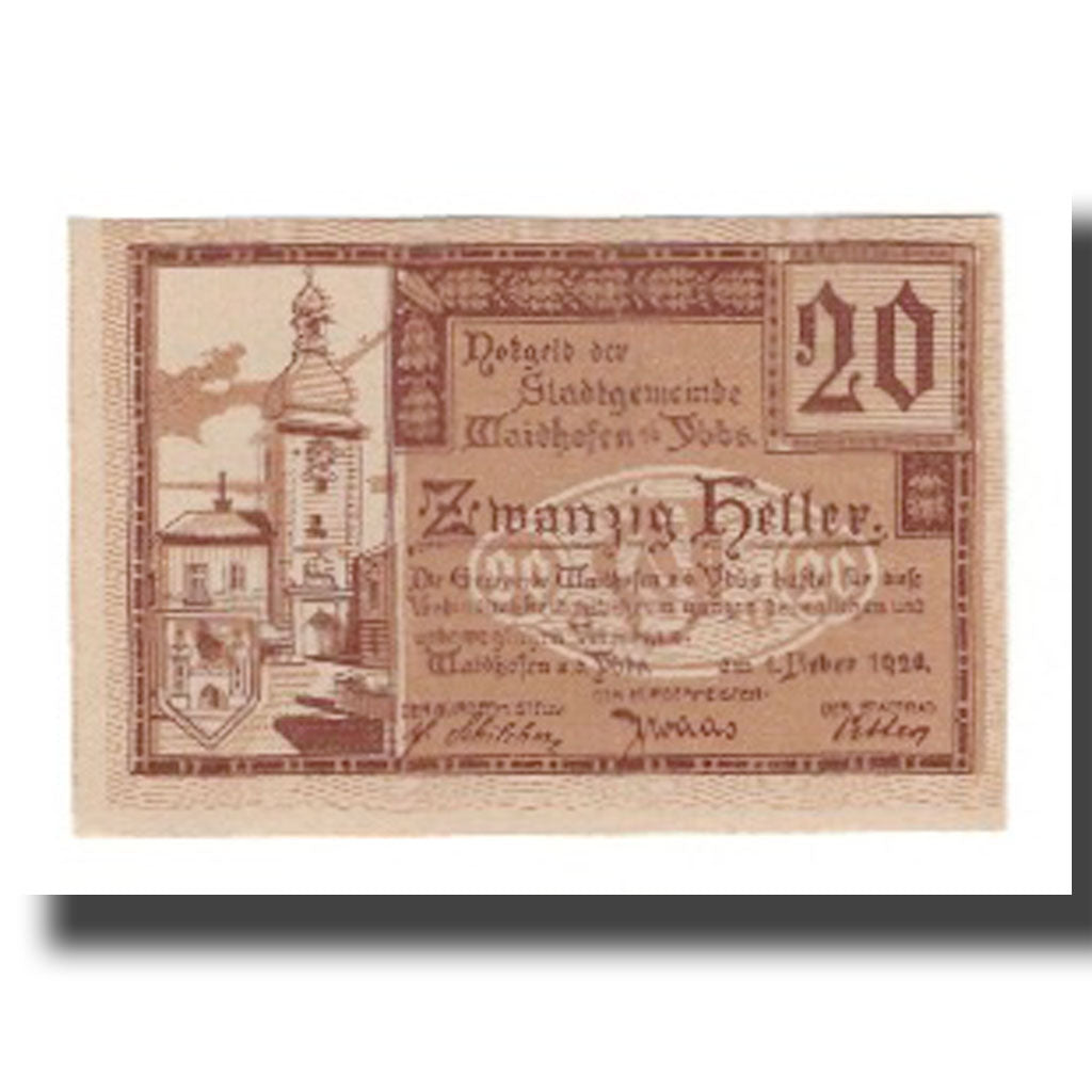 Banknot, Austria, Waidhofen An Der Ybbs N.Ö. Stadtgemeinde, 20 Heller, Texte