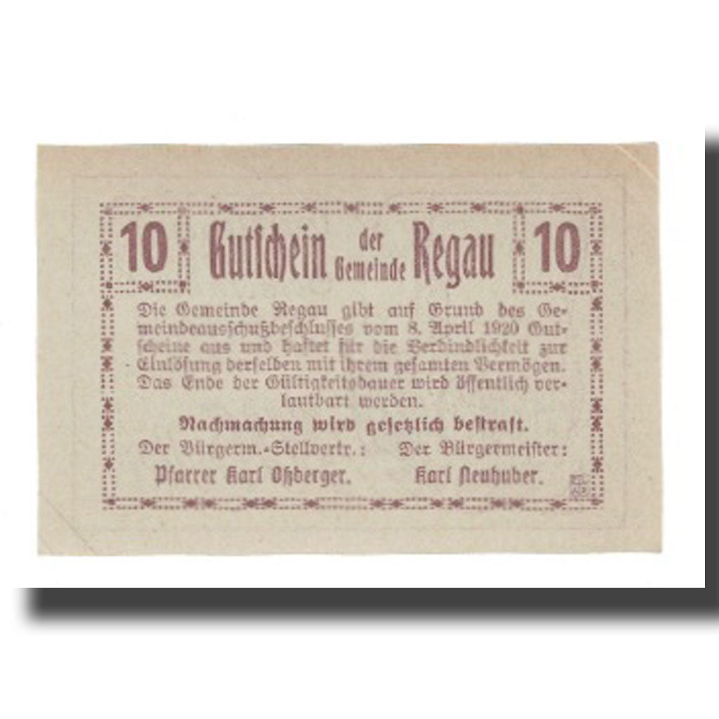 Banconote, Austria, Regau O.Ö. Gemeinde, 10 Heller, texte 1, 1920, SPL-