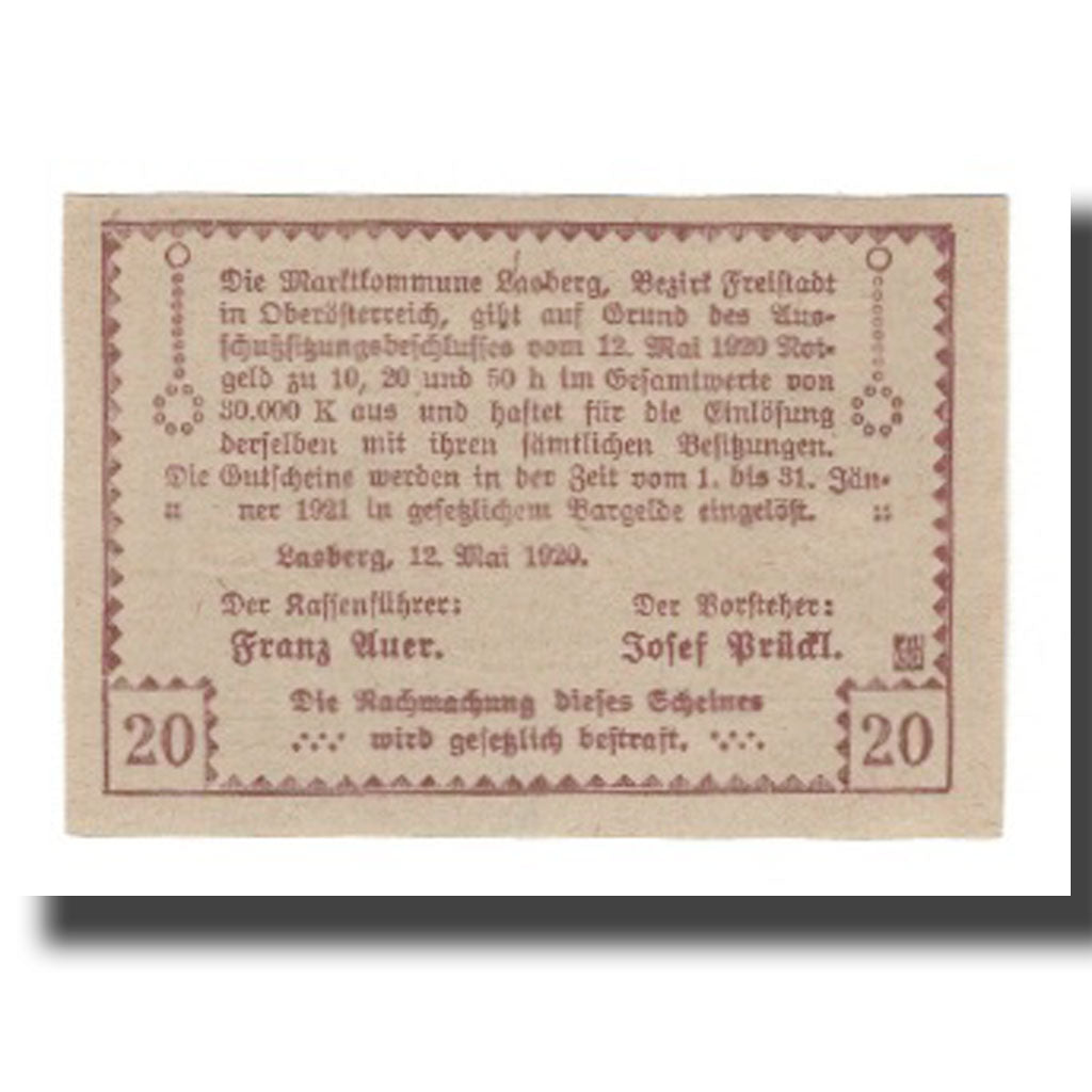 Banknot, Austria, Lasberg O.Ö. Marktgemeinde, 20 Heller, Texte, 1921