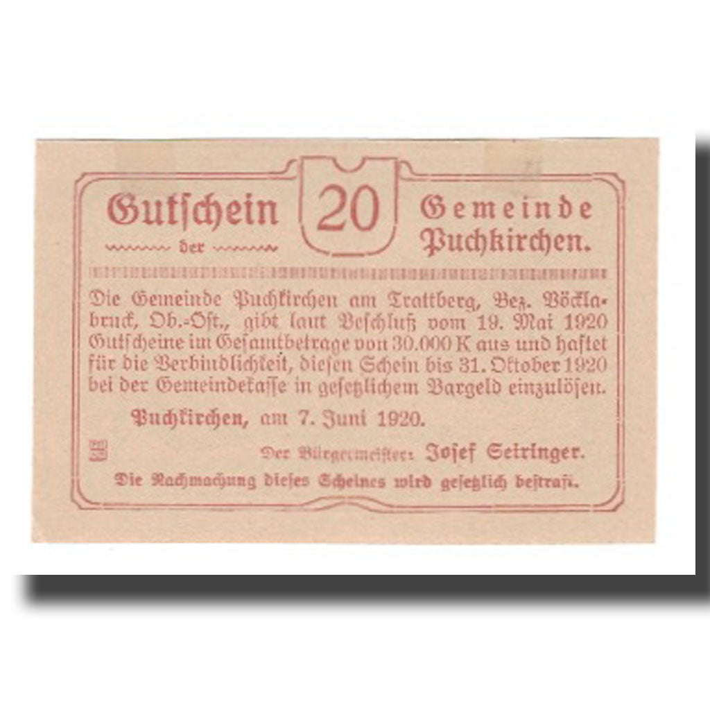 Banknot, Austria, Puchkirchen am Trattberg O.Ö. Gemeinde, 20 Heller, Texte