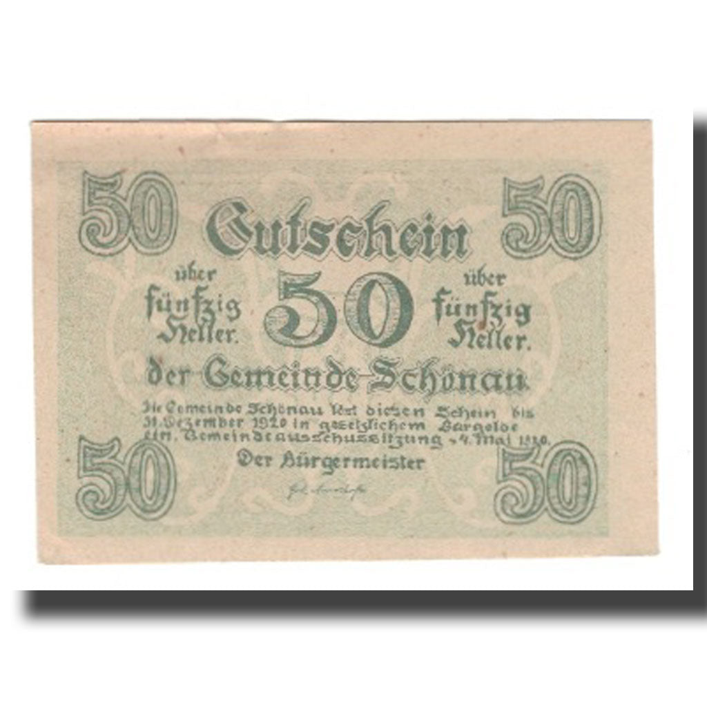 Banknot, Austria, Schönau N.Ö. Gemeinde, 50 Heller, valeur faciale, 1920