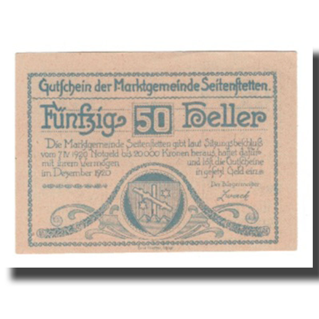 Banknot, Austria, Seitenstetten N.Ö. Marktgemeinde, 50 Heller, Batiment, 1920