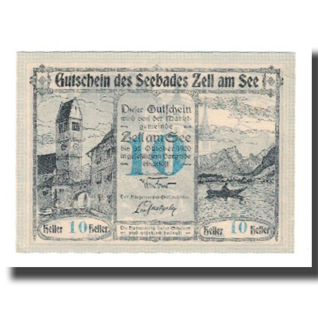 Banknot, Austria, Zell am See Sbg. Marktgemeinde, 10 Heller, château, 1920