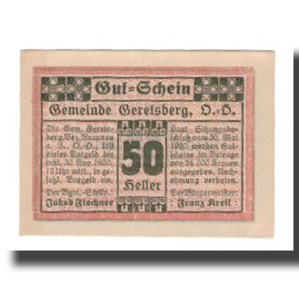 Banknot, Austria, Geretsberg O.Ö. Gemeinde, 50 Heller, valeur faciale, 1920
