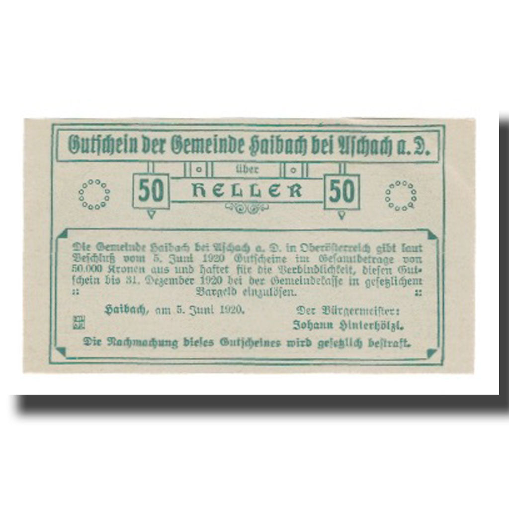 Banknot, Austria, Haibach Bei Aschach a.d. O.Ö. Gemeinde, 50 Heller, paysage