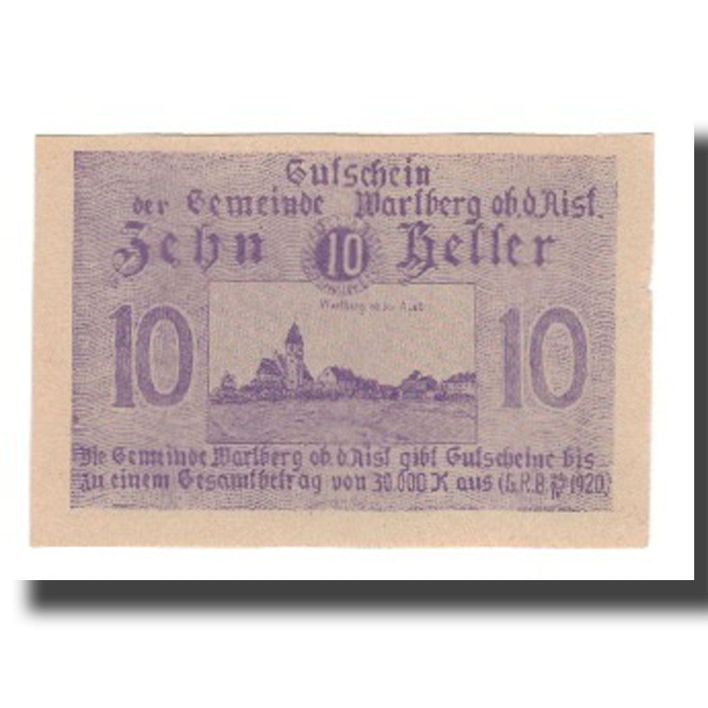 Banconote, Austria, Wartberg ob der Aist O.Ö. Gemeinde, 10 Heller, Texte, 1920