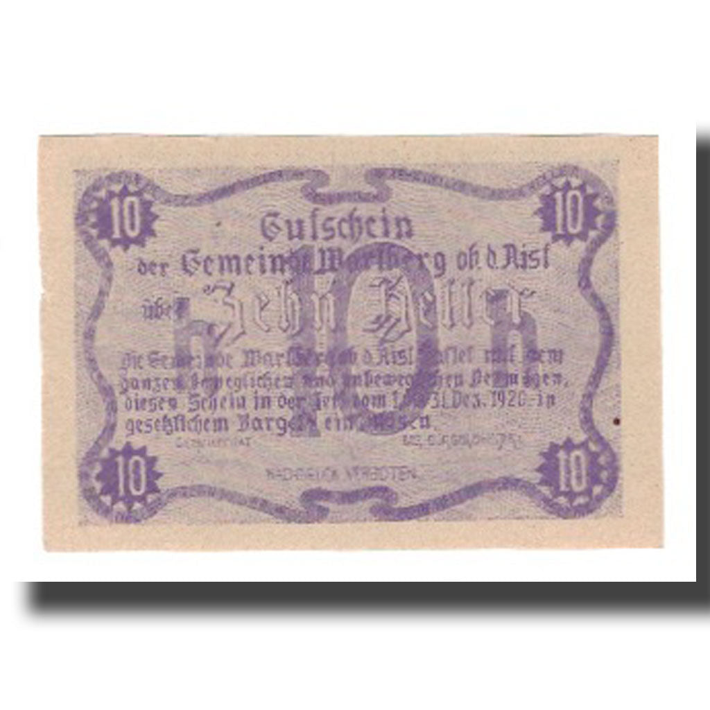 Banconote, Austria, Wartberg ob der Aist O.Ö. Gemeinde, 10 Heller, Texte, 1920
