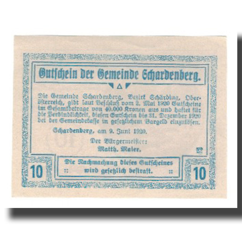 Billete, Austria, Schardenberg O.Ö. Gemeinde, 10 Heller, Texte, 1920