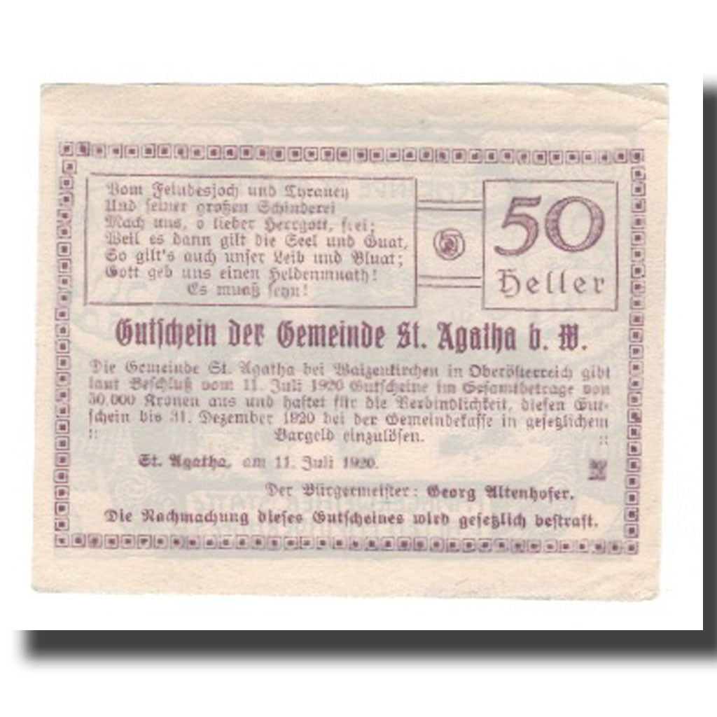 Banknot, Austria, St. Agatha Bei Weizenkirchen O.Ö. Gemeinde, 50 Heller, Texte