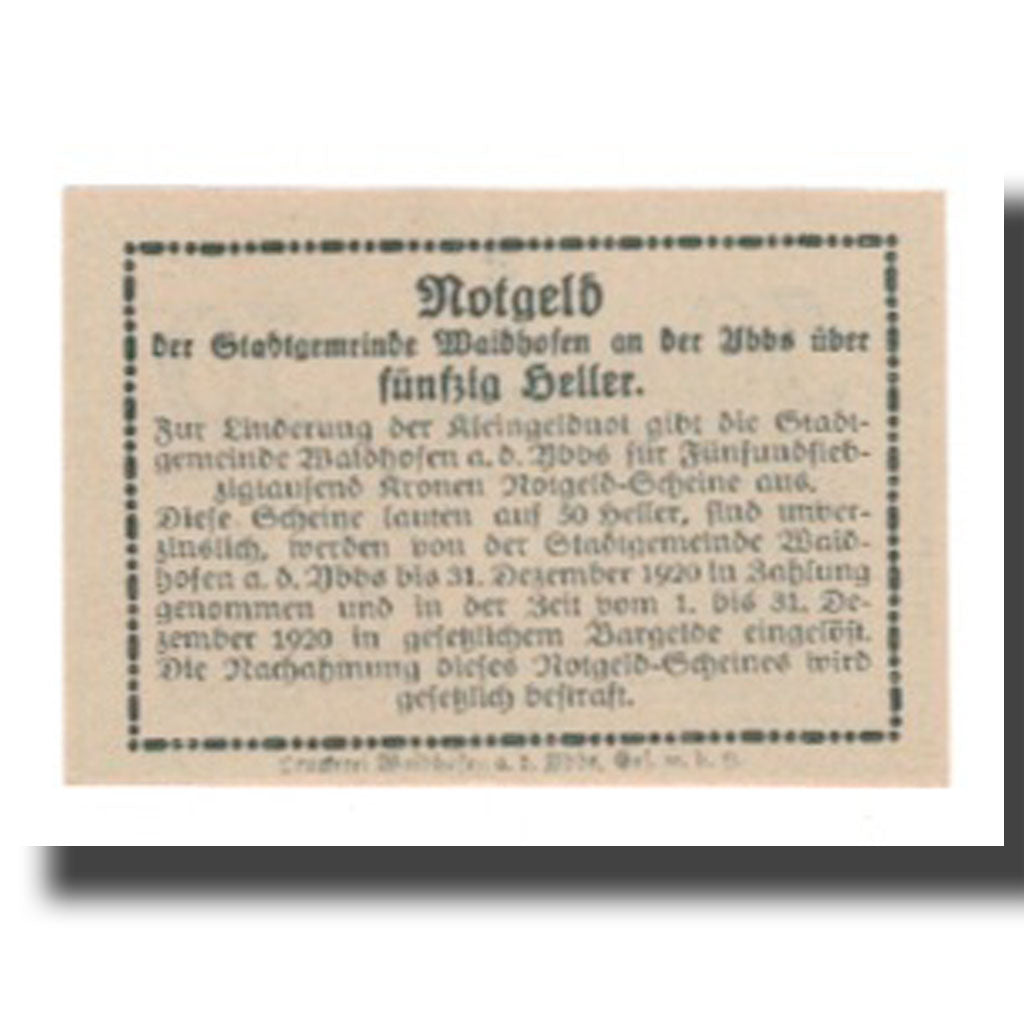 Geldschein, Österreich, Waidhofen An Der Ybbs N.Ö. Stadtgemeinde, 50 Heller