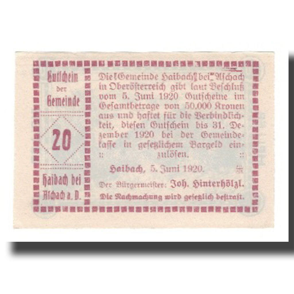 Banknot, Austria, Haibach Bei Aschach a.d. O.Ö. Gemeinde, 20 Heller, paysage