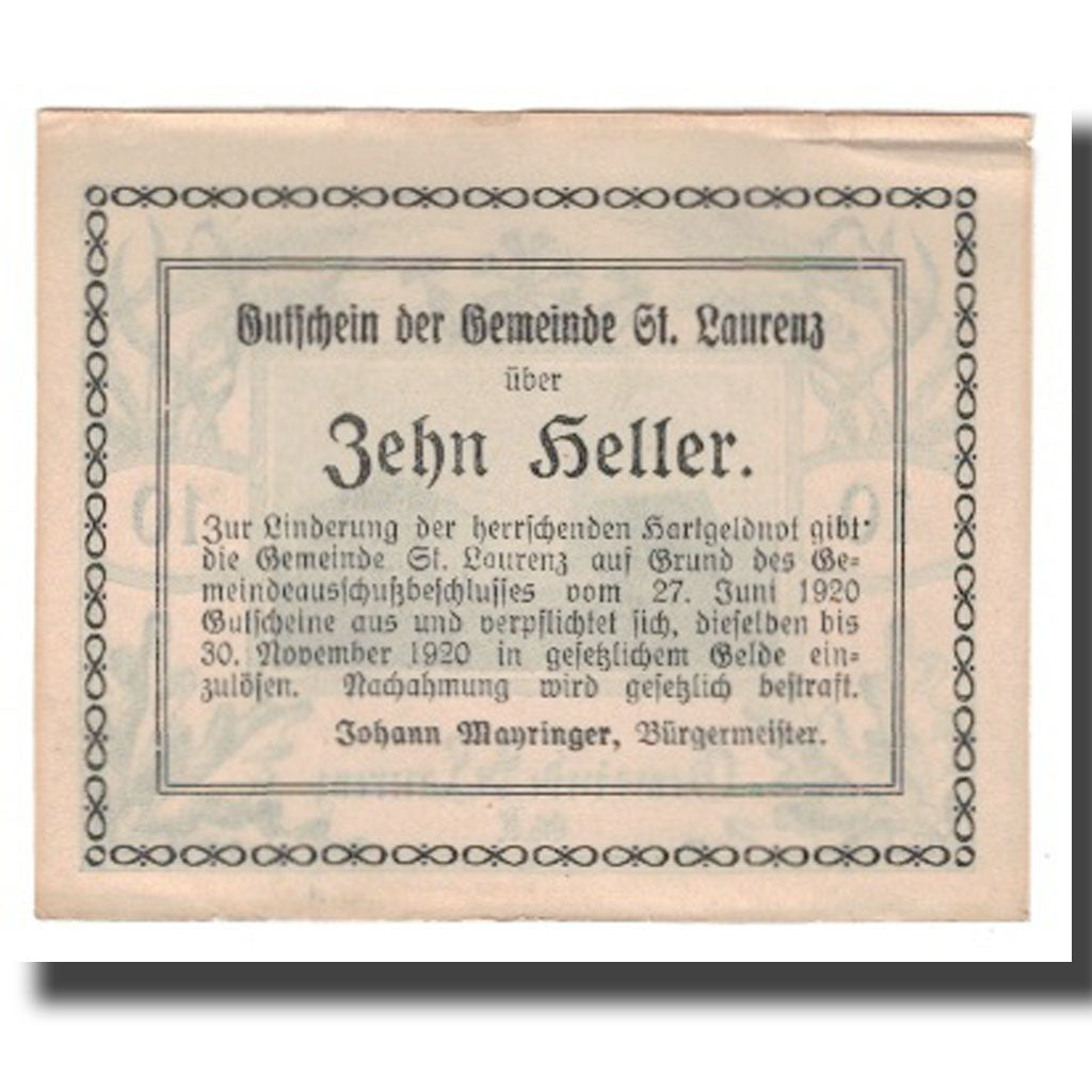 Banconote, Austria, St. Laurenz O.Ö. Gemeinde, 10 Heller, Texte, 1920