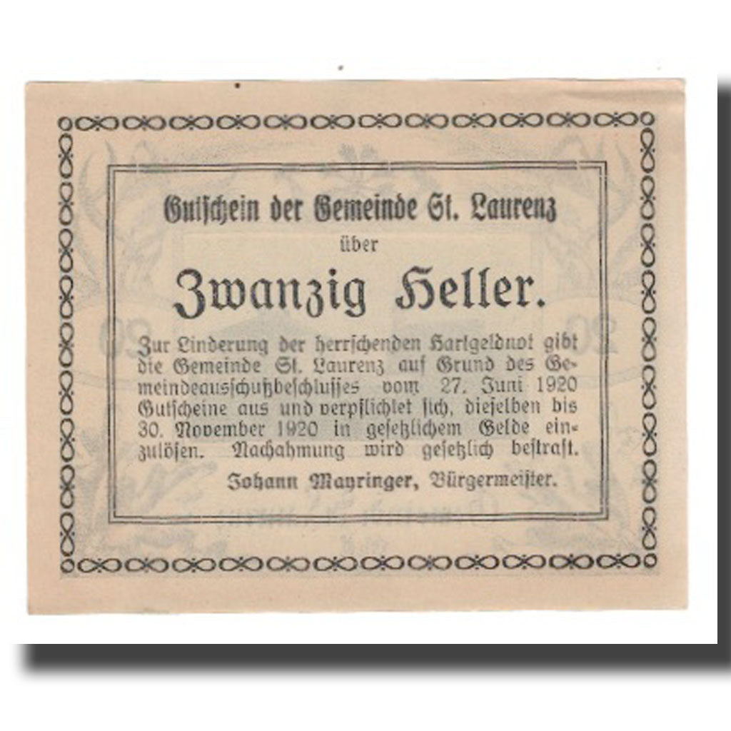 Geldschein, Österreich, St. Laurenz O.Ö. Gemeinde, 20 Heller, texte 1, 1920