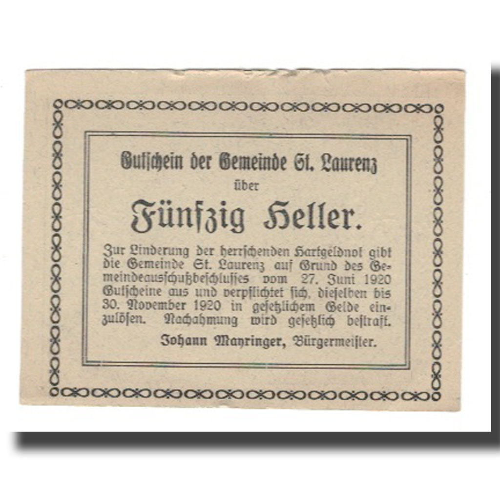 Banknot, Austria, St. Laurenz O.Ö. Gemeinde, 50 Heller, Texte 2, 1920