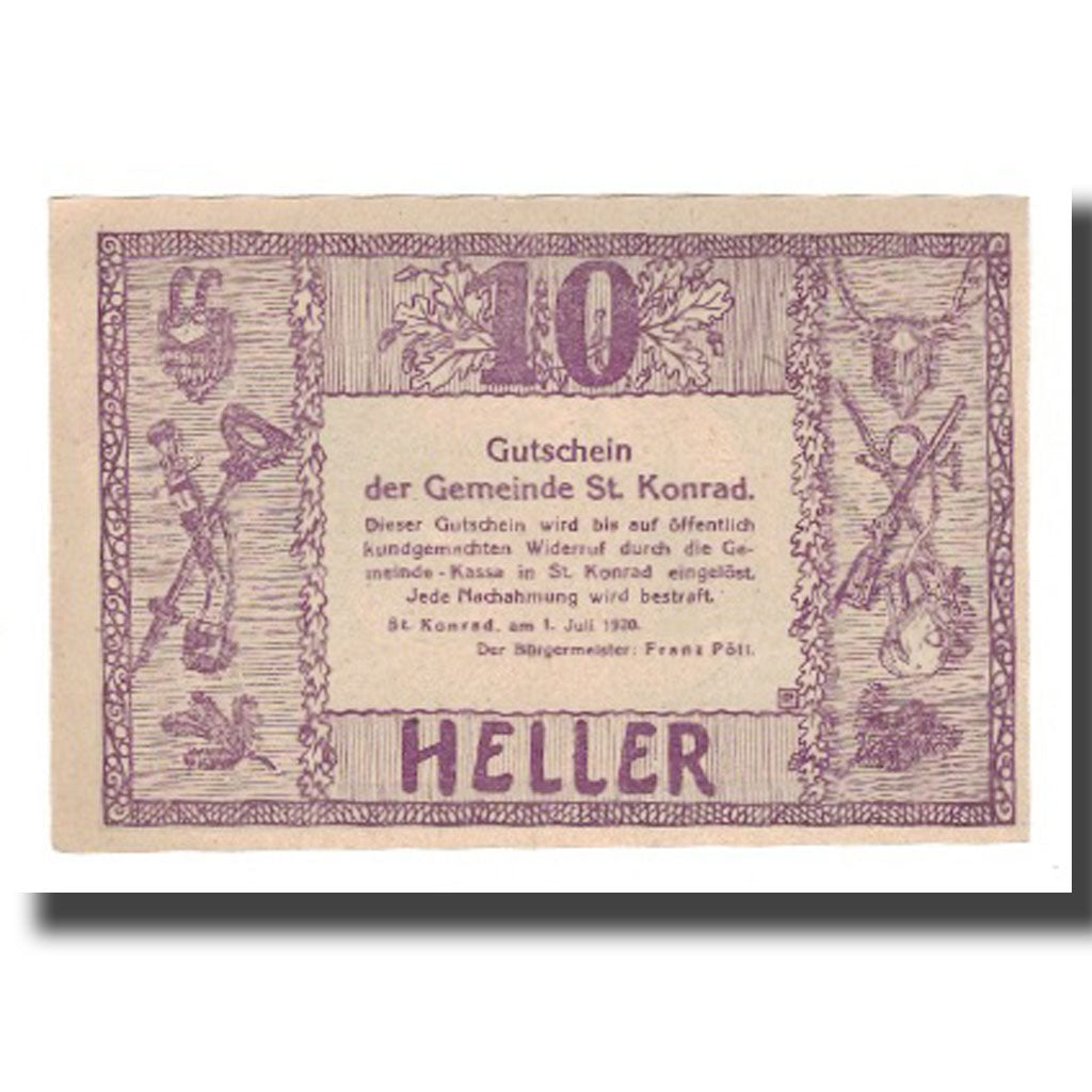 Banknot, Austria, St. Konrad O.Ö. Gemeinde, 10 Heller, Texte, 1920, Undated