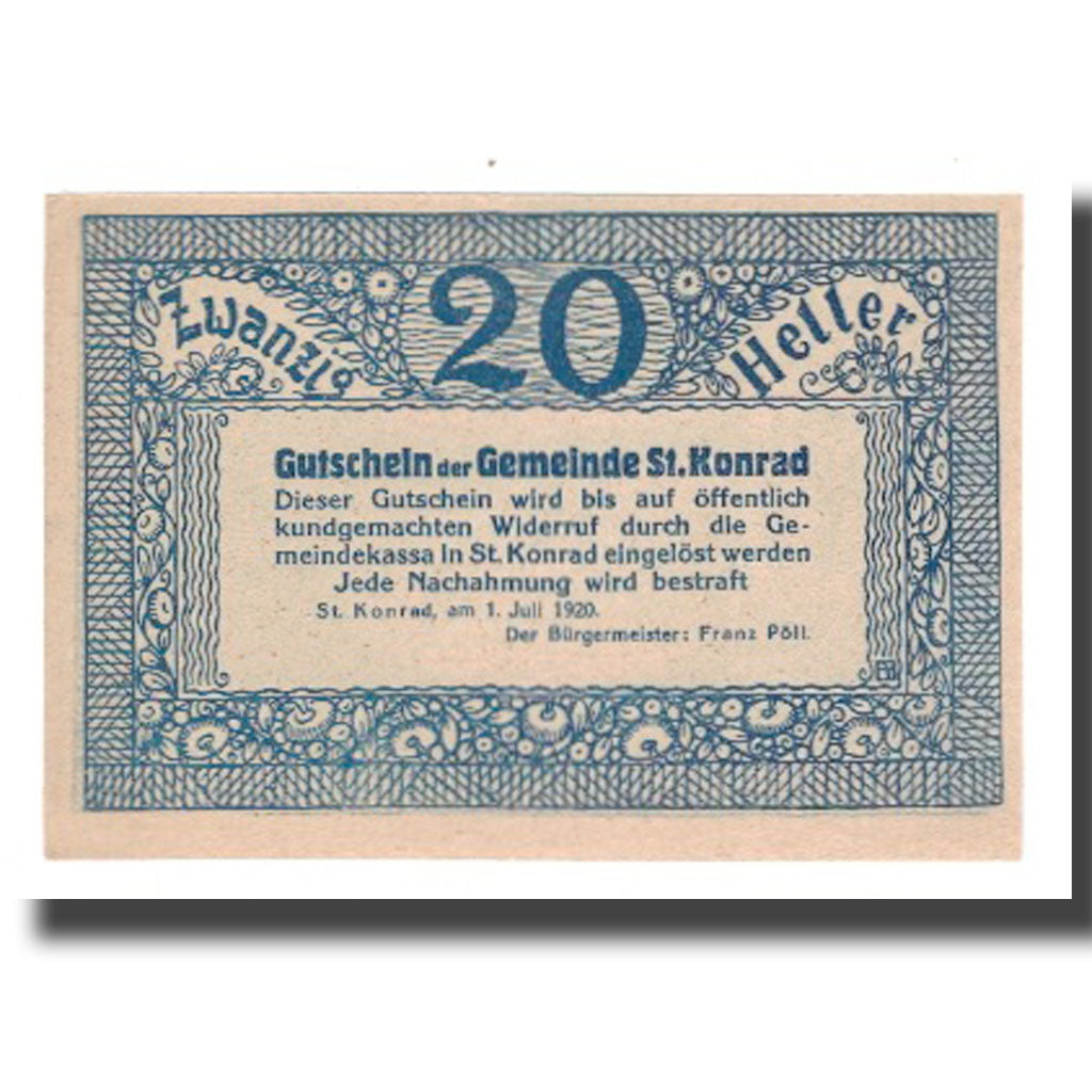 Banknot, Austria, St. Konrad O.Ö. Gemeinde, 20 Heller, texte 1, 1920, Undated
