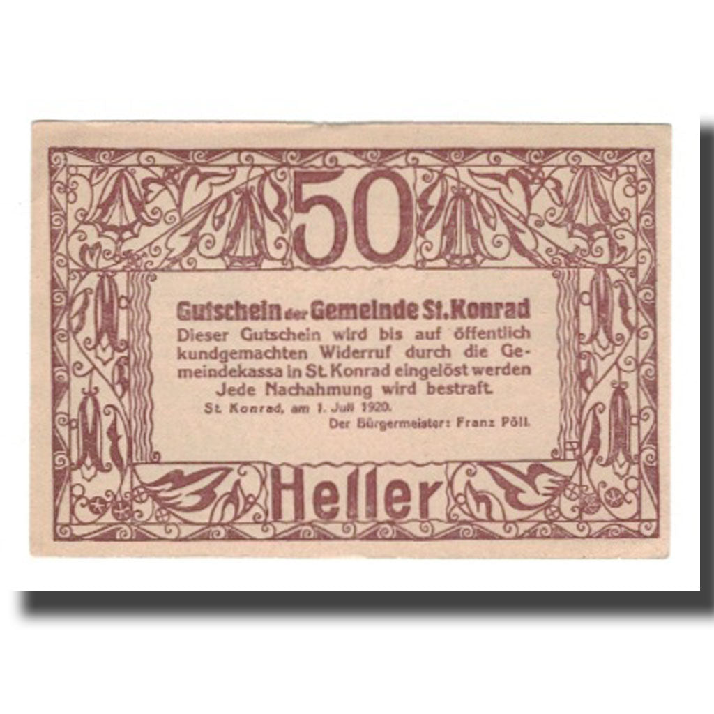 Banknot, Austria, St. Konrad O.Ö. Gemeinde, 50 Heller, Texte 2, 1920, Undated