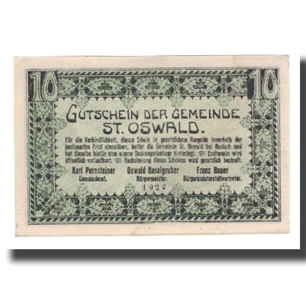 Banknot, Austria, St. Oswald bei Haslach O.Ö. Gemeinde, 10 Heller, Texte