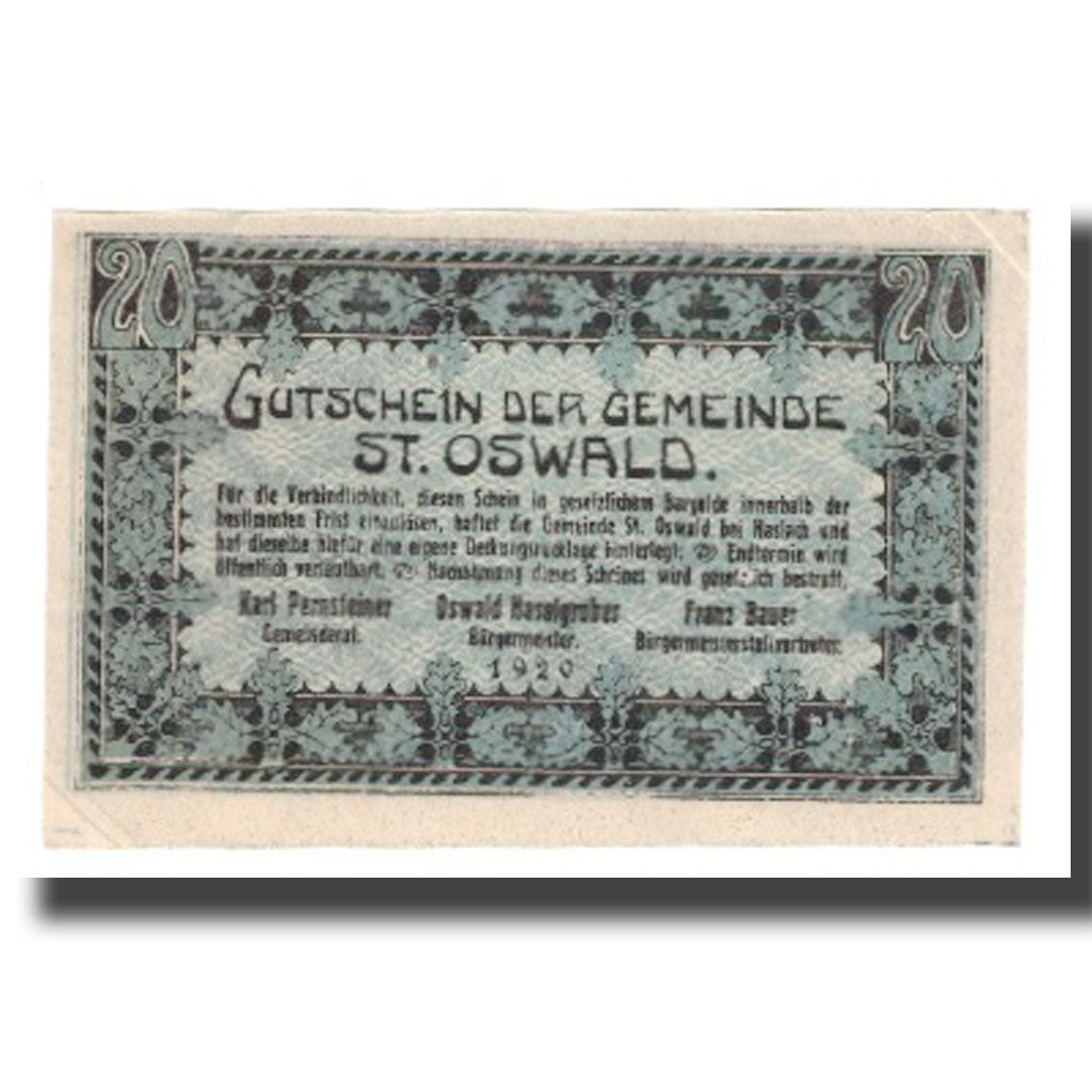 Banknot, Austria, St. Oswald bei Haslach O.Ö. Gemeinde, 20 Heller, texte 1