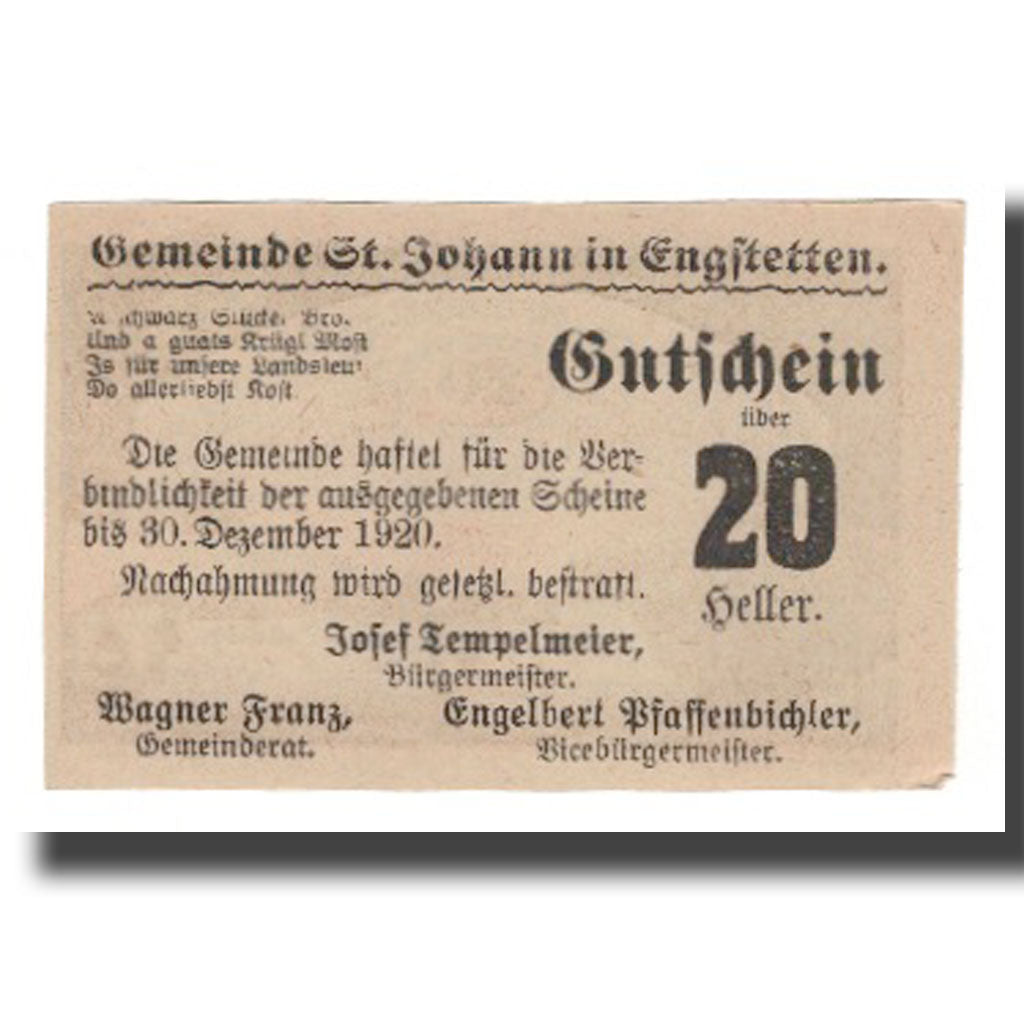 Geldschein, Österreich, St. Johann in Engstetten N.Ö. Gemeinde, 20 Heller