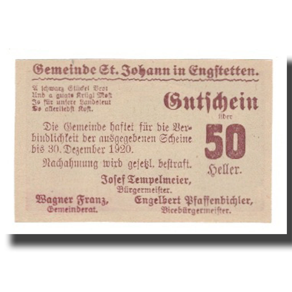 Banknot, Austria, St. Johann in Engstetten N.Ö. Gemeinde, 50 Heller, texte 1
