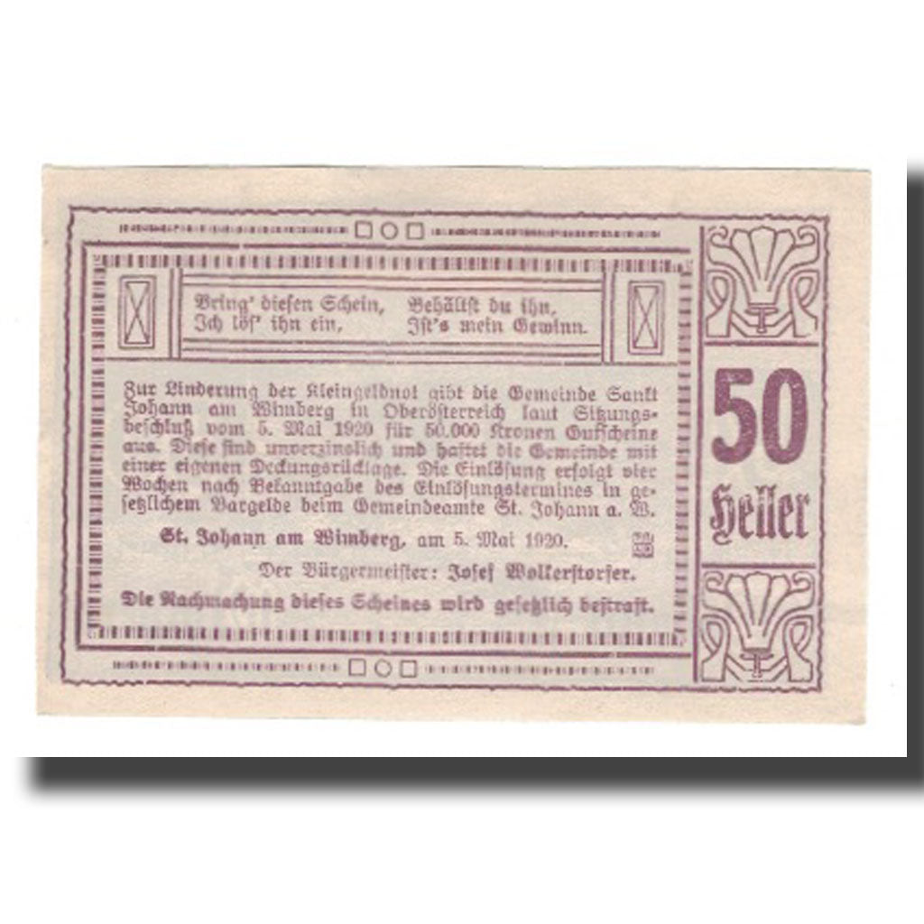 Banknot, Austria, St. Johann Am Wimberg O.Ö. Gemeinde, 50 Heller, Texte, 1920