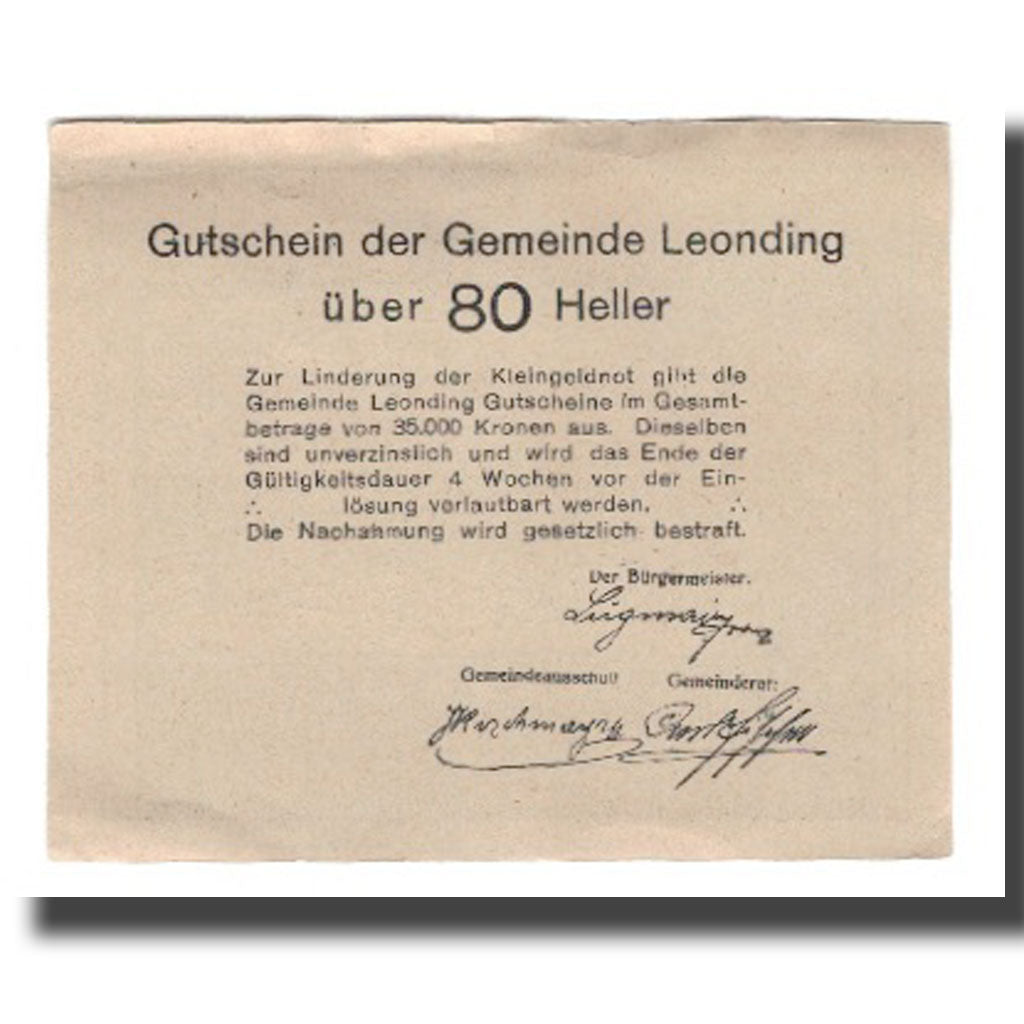 Banknot, Austria, Leonding O.Ö. Gemeinde, 80 Heller, Texte, Undated, AU(50-53)
