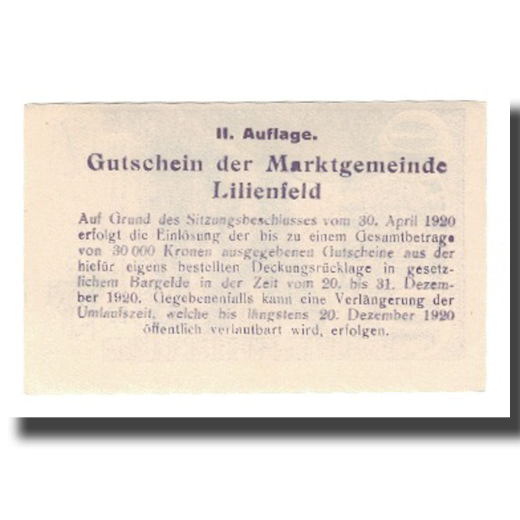Banknot, Austria, Lilienfeld N.Ö. Marktgemeinde, 10 Heller, Texte, 1920
