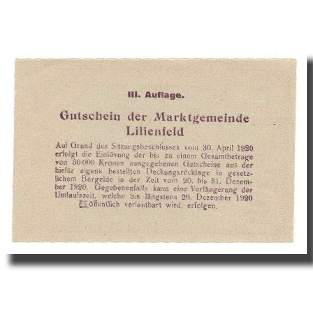 Banknot, Austria, Lilienfeld N.Ö. Marktgemeinde, 50 Heller, Texte 4, 1920