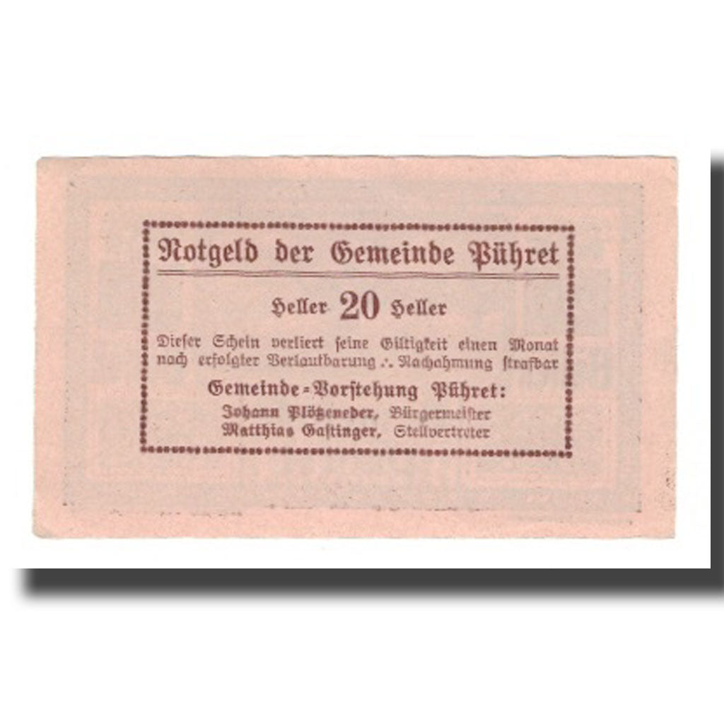 Geldschein, Österreich, Pühret O.Ö. Gemeinde, 20 Heller, Texte, VZ, Mehl:FS
