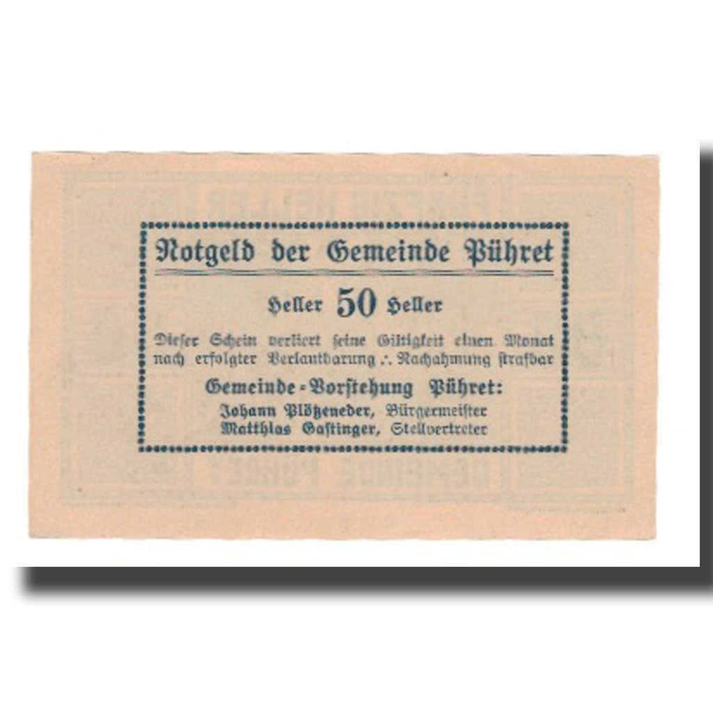 Banknot, Austria, Pühret O.Ö. Gemeinde, 50 Heller, texte 1, Undated